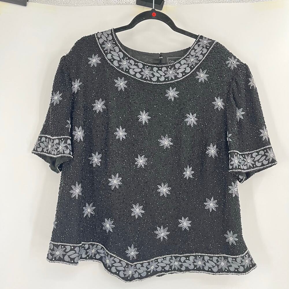 Cote d Azur Silk Beaded Flower Old Money Black Y2K Blouse Country Women’s 3X